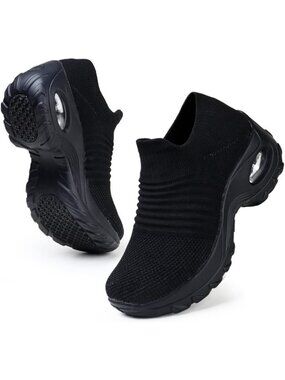 Women's All Black Walking Arch Support Non Slip Breathable Upper Sneaker Shoes